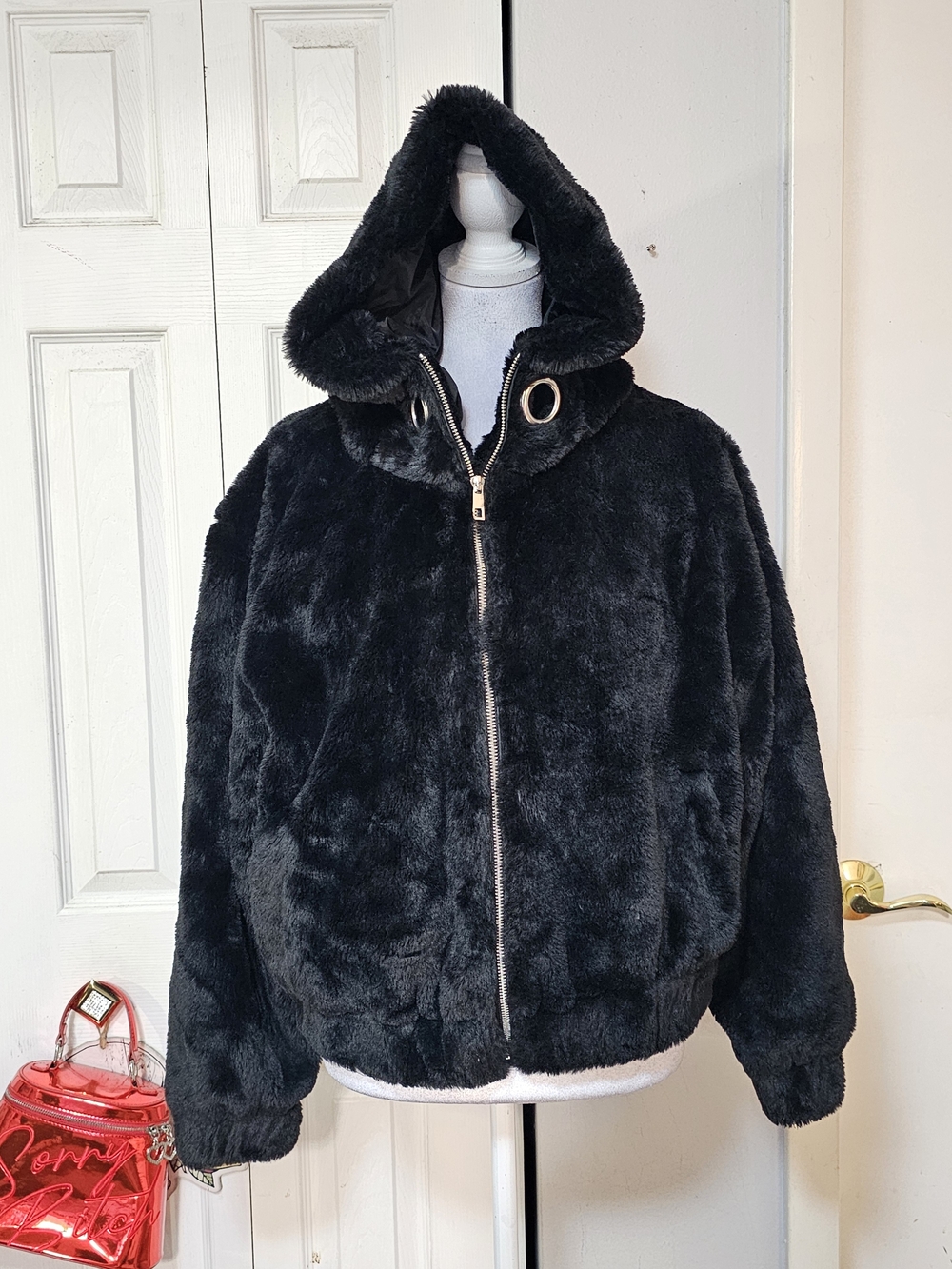 Ambiance Black Faux Fur Hooded Zip Jacket